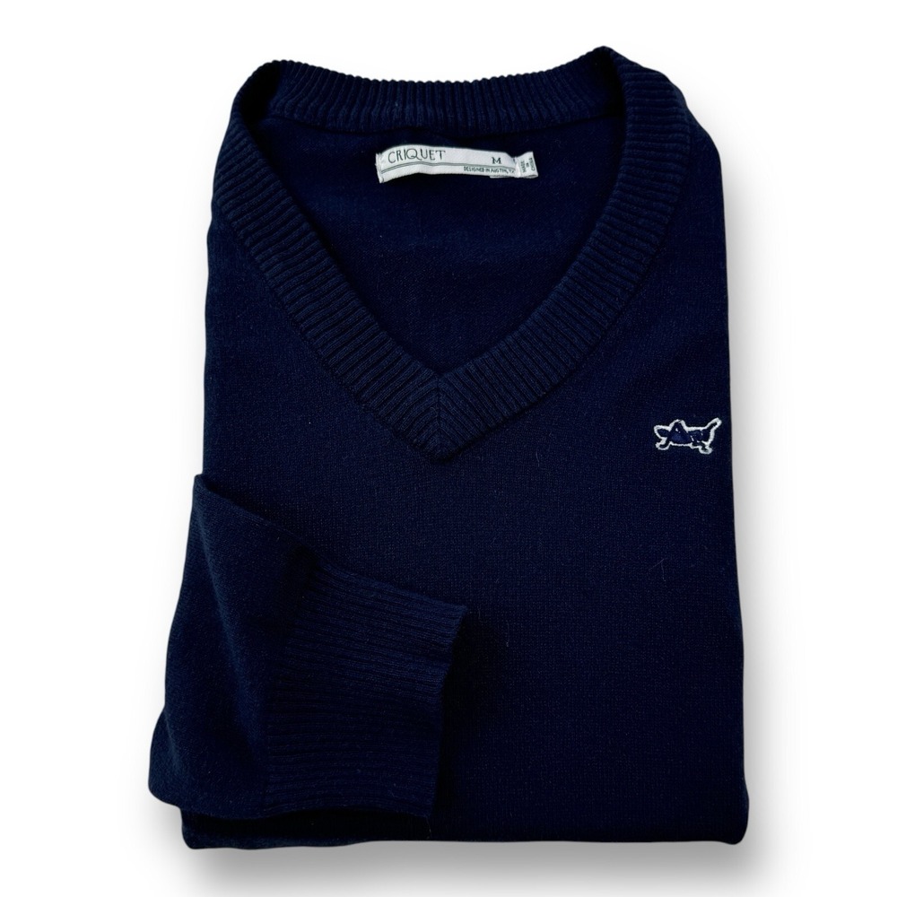 Criquet V-Neck‎ Cotton Cashmere Jumper Sweater - Blue w/ Grasshopper Size Medium